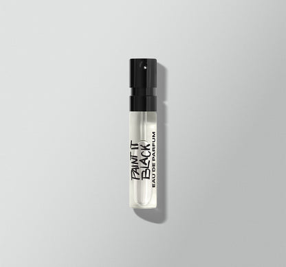 Perfume bottle labeled 'Paint It Black' on a gray background